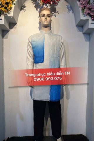  AD61 - Áo Dài Nam Trắng Tà Loang Xanh Dương 