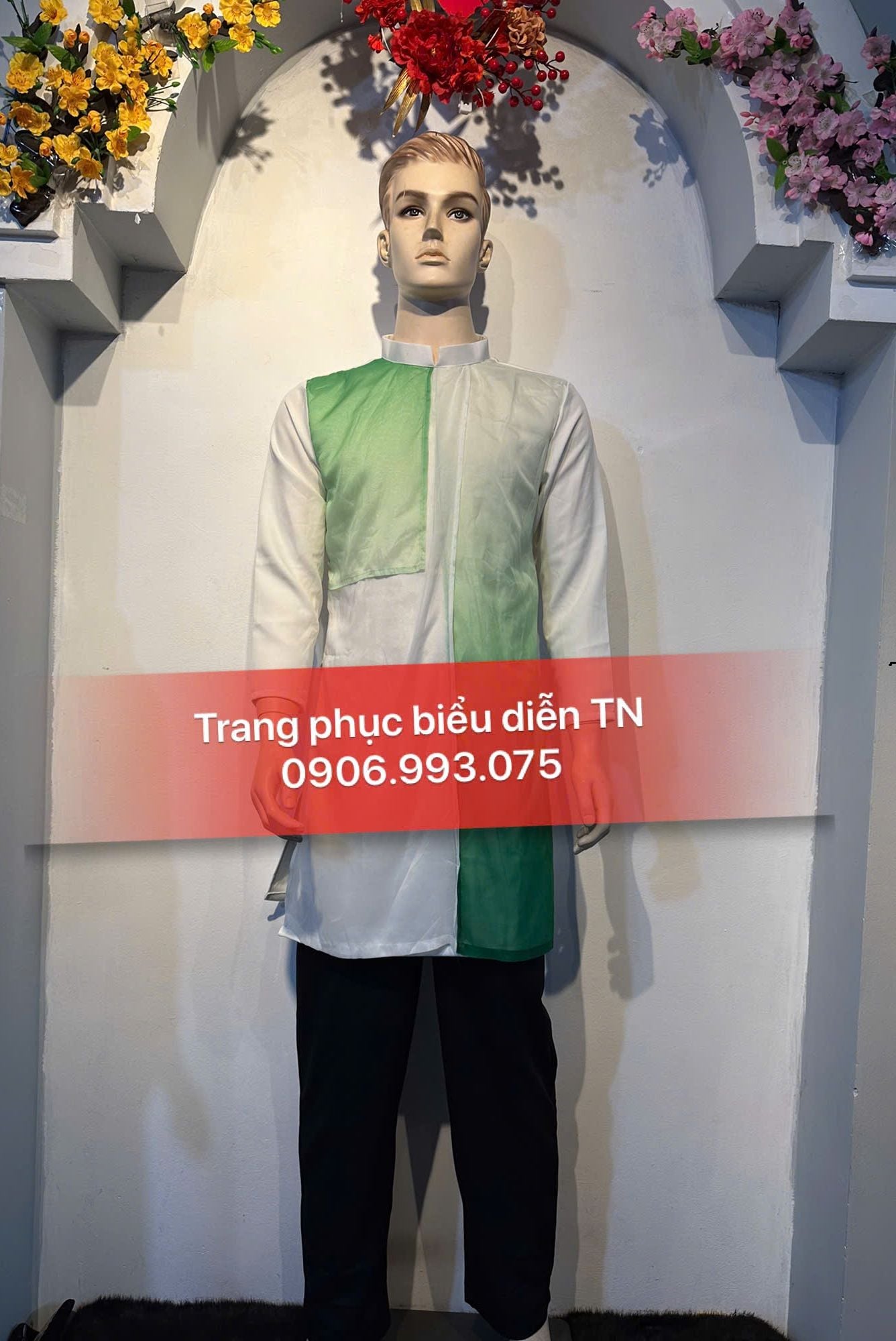 AD62 - Áo Dài Nam Trắng Tà Loang Xanh Lá
