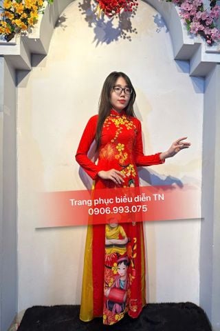  AD59 - Áo Dài Nữ Đỏ Hoa Mai 