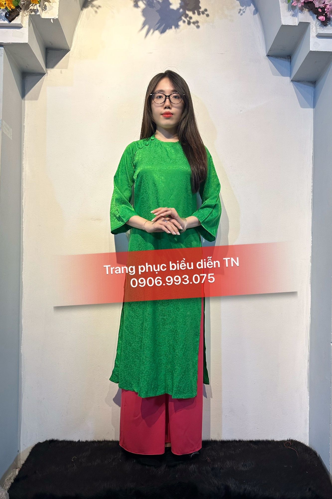 AD85 - Áo Dài Nữ Gấm Xanh Lá