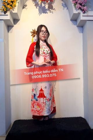  ADT06 - Áo Dài Tết Nữ Hồng Phối Tay Đỏ 