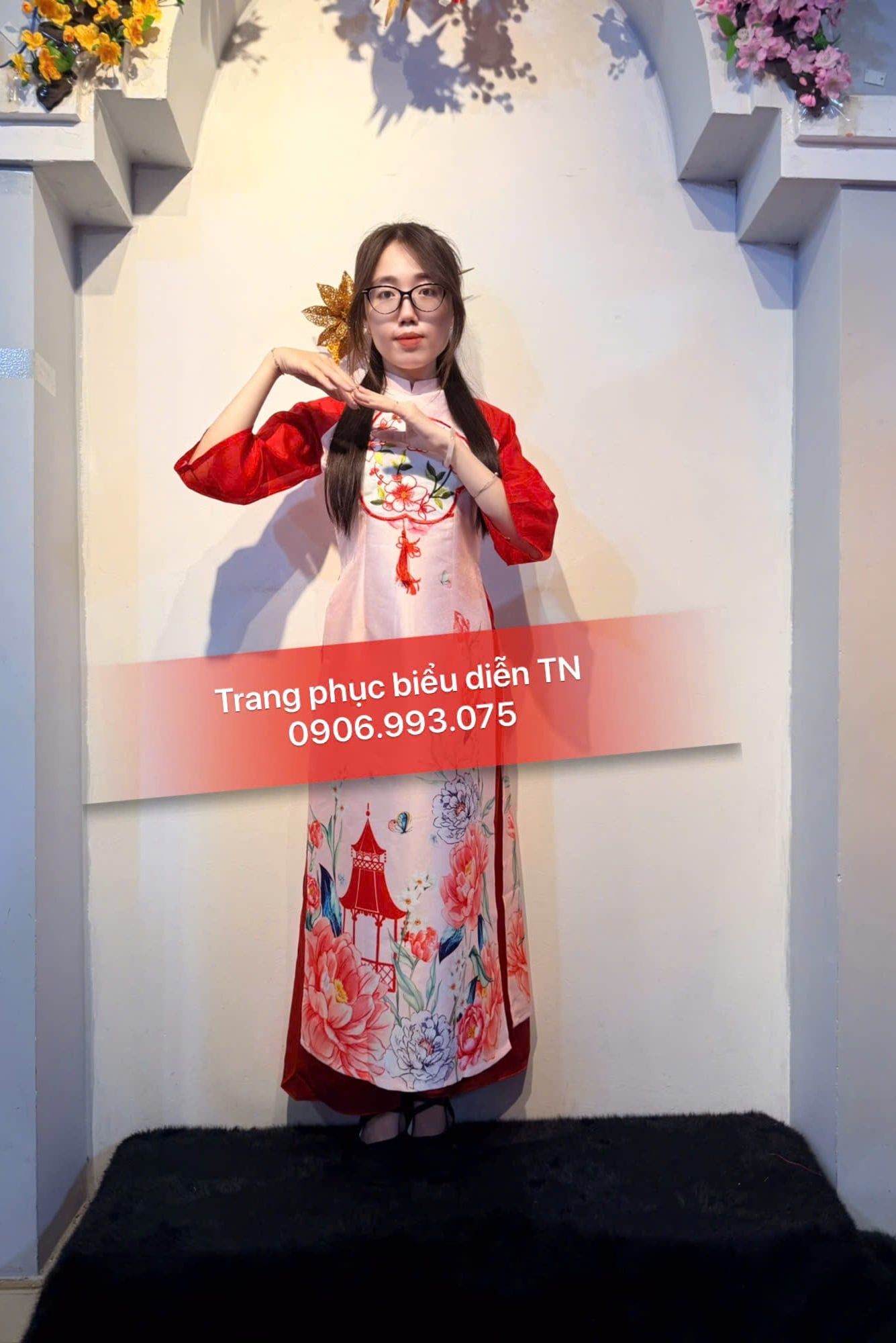 ADT06 - Áo Dài Tết Nữ Hồng Phối Tay Đỏ