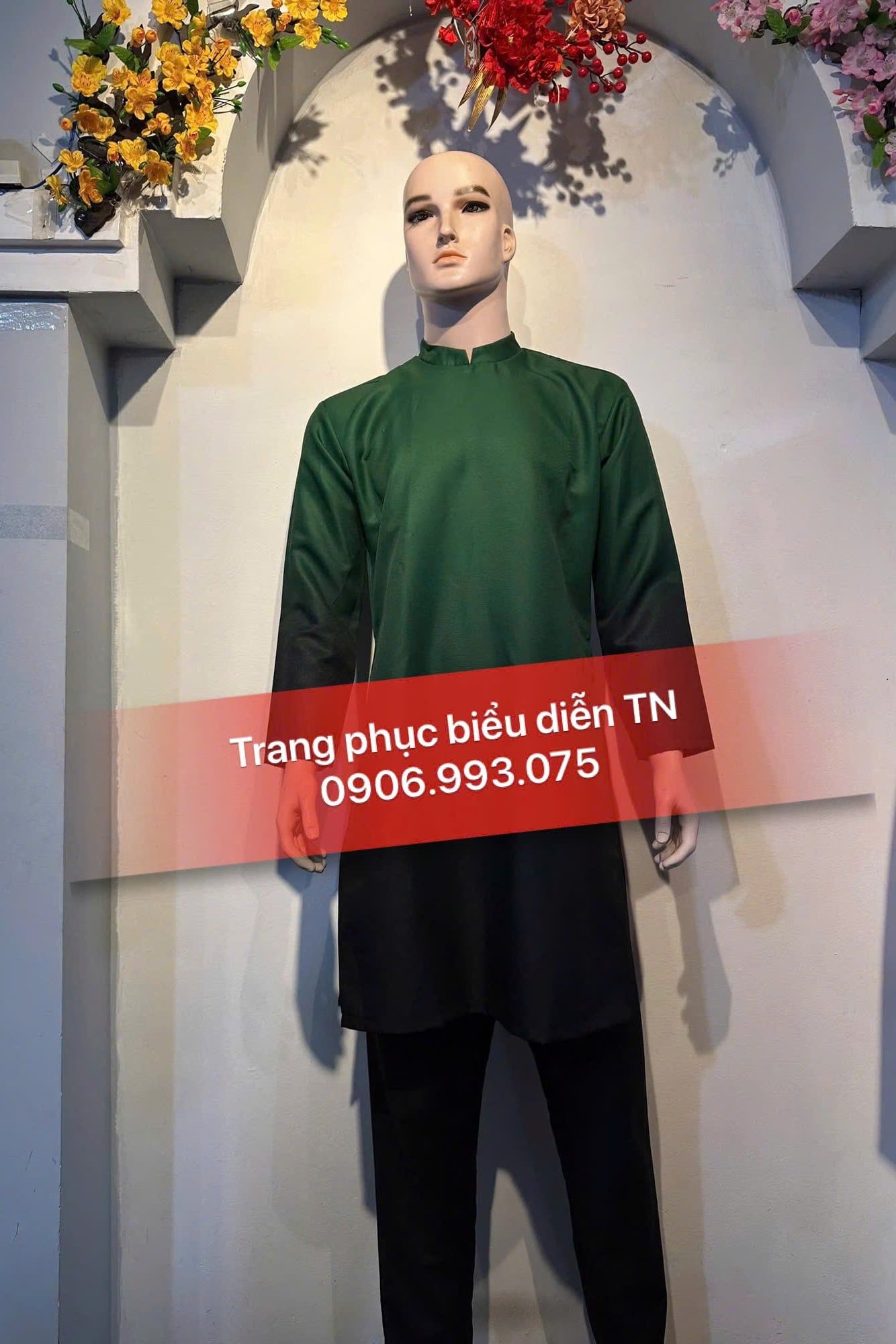 AD93A - Áo Dài Cách Tân Nam Xanh Loang Đen