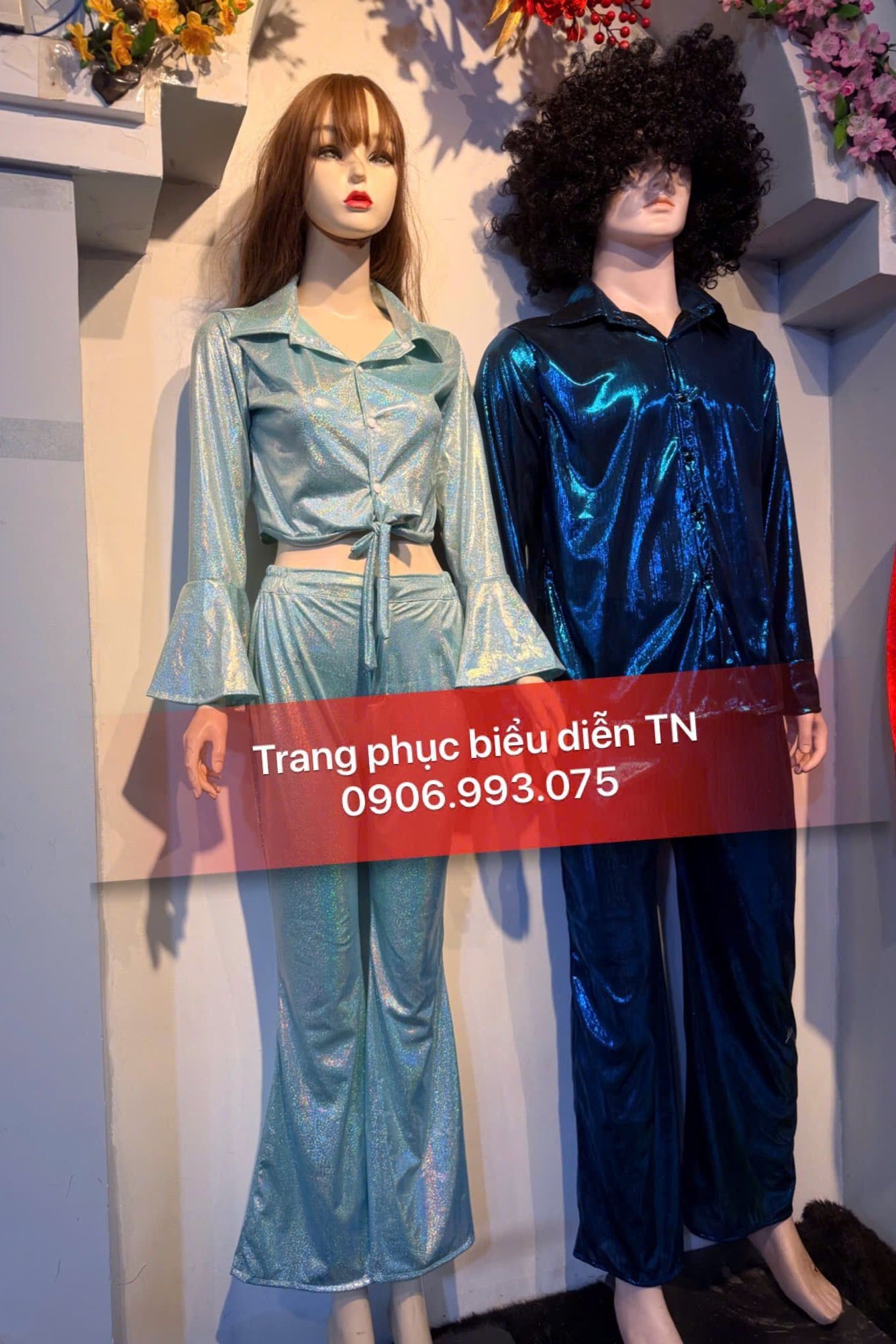 Trang phục Disco Nữ Xanh Nhũ Nam Xanh Nhũ