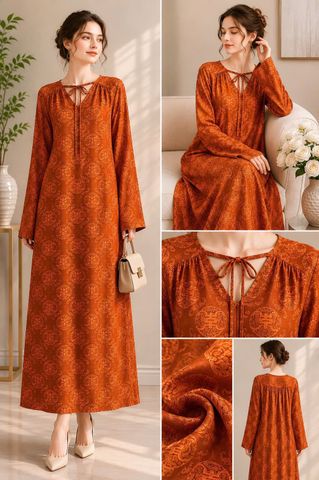  Đầm lụa cổ V tay dài 