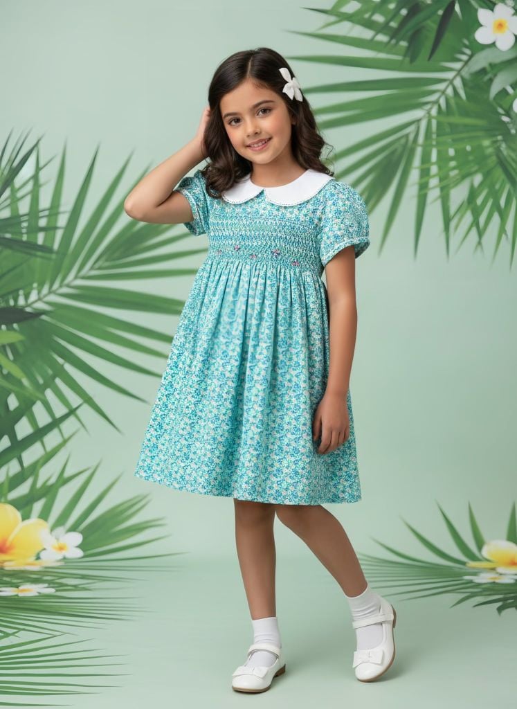  Đầm smock cổ sen trắng hoa xanh 