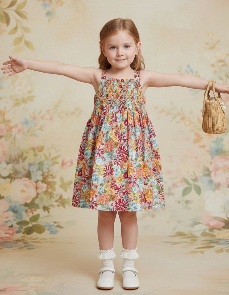  Đầm smock 2 dây hoa đỏ 