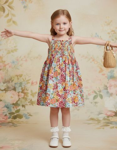  Đầm smock 2 dây hoa đỏ 