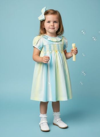  Đầm smock sọc xanh vàng cổ bèo 