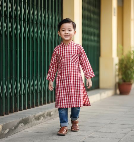  Boys' traditional long shirt with front chest pocket. 