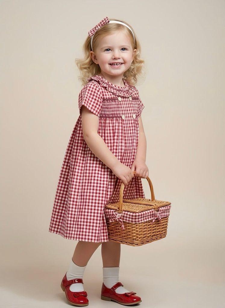  Đầm smock 2 bên cổ bèo - caro đỏ 