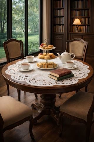  Khăn bàn tròn thêu trắng 85cm CVN 