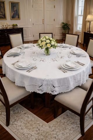  Khăn bàn tròn thêu hoa trắng 170cm 