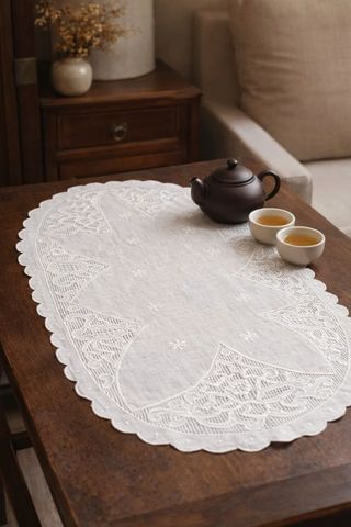  Lót bàn trà 35*75 Thêu trắng 