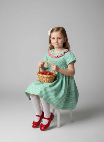  Đầm smock bèo cổ sọc xanh 