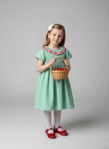  Đầm smock bèo cổ sọc xanh 