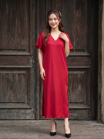  Đầm lụa cổ V tay liền 