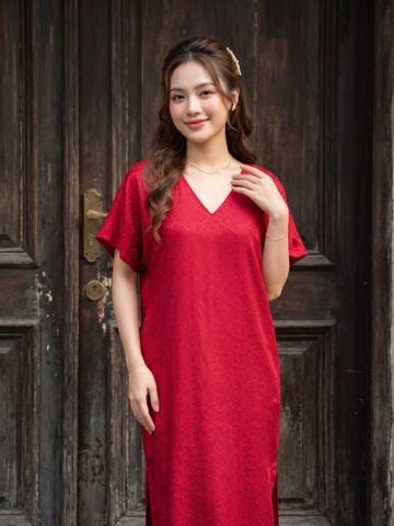  Đầm lụa cổ V tay liền 