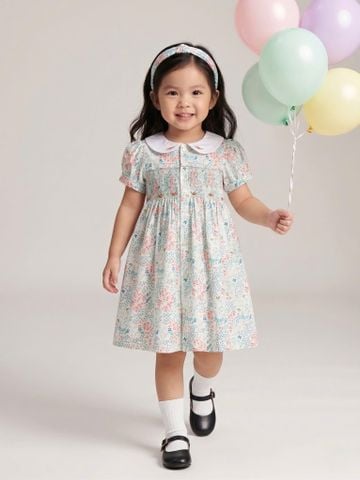  Đầm smock cổ trắng nút giữa 