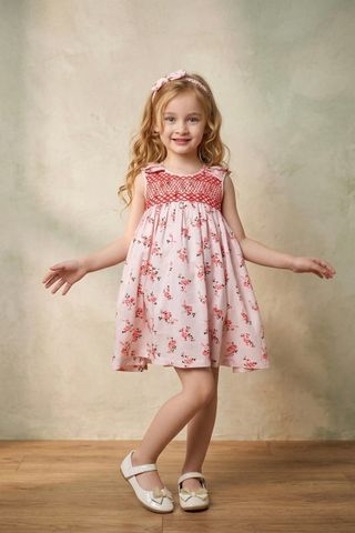 Đầm bé gái smock nơ vai 