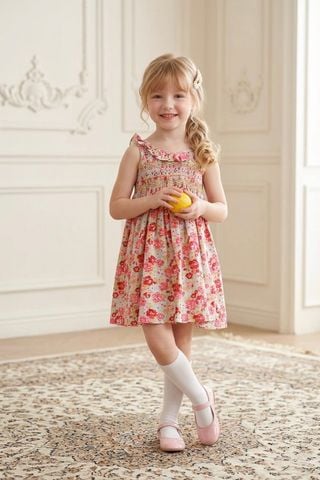  Đầm bé gái Smock V lưng có bèo 