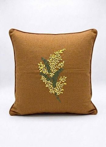  Áo gối sofa Vuông 45 Thêu hoa Mimoza vàng cành se hạt-CIP 