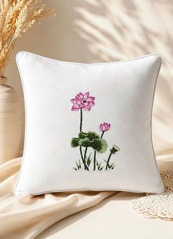  Áo gối Sofa vuông 45cm Thêu Sen hồng - CIP 