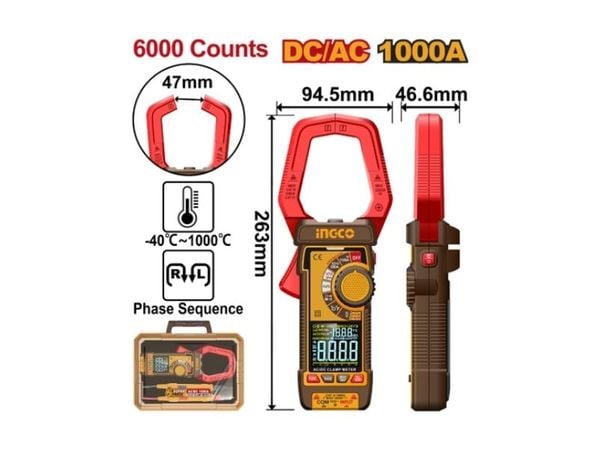 Ampe Kềm Đo AC/DC 1000A-6000 Số Đếm INGCO DCM610002