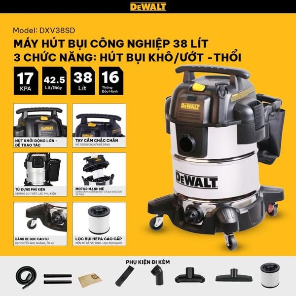 Máy hút bụi Công nghiệp 3 chức năng 38L Dewalt DXV38SD – 38 lít – 17Kpa