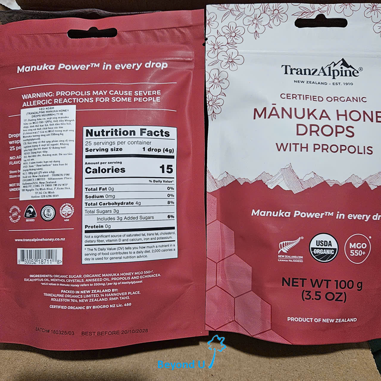  Kẹo mật ong hữu cơ Manuka MGO 550+ 32G và 100G TranzAlpine 
