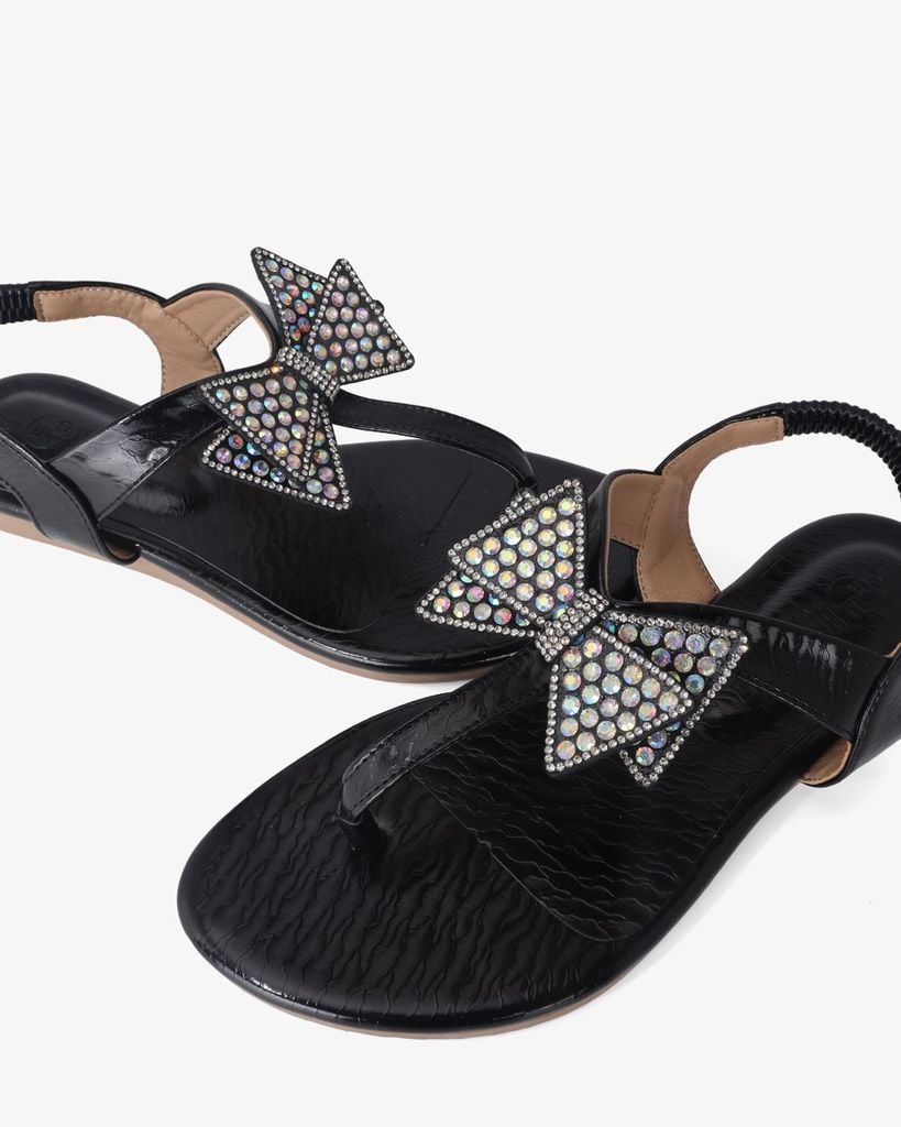Sandal Xẹp Hạnh Dung Kẹp Nơ Đính Đá HD02245AB