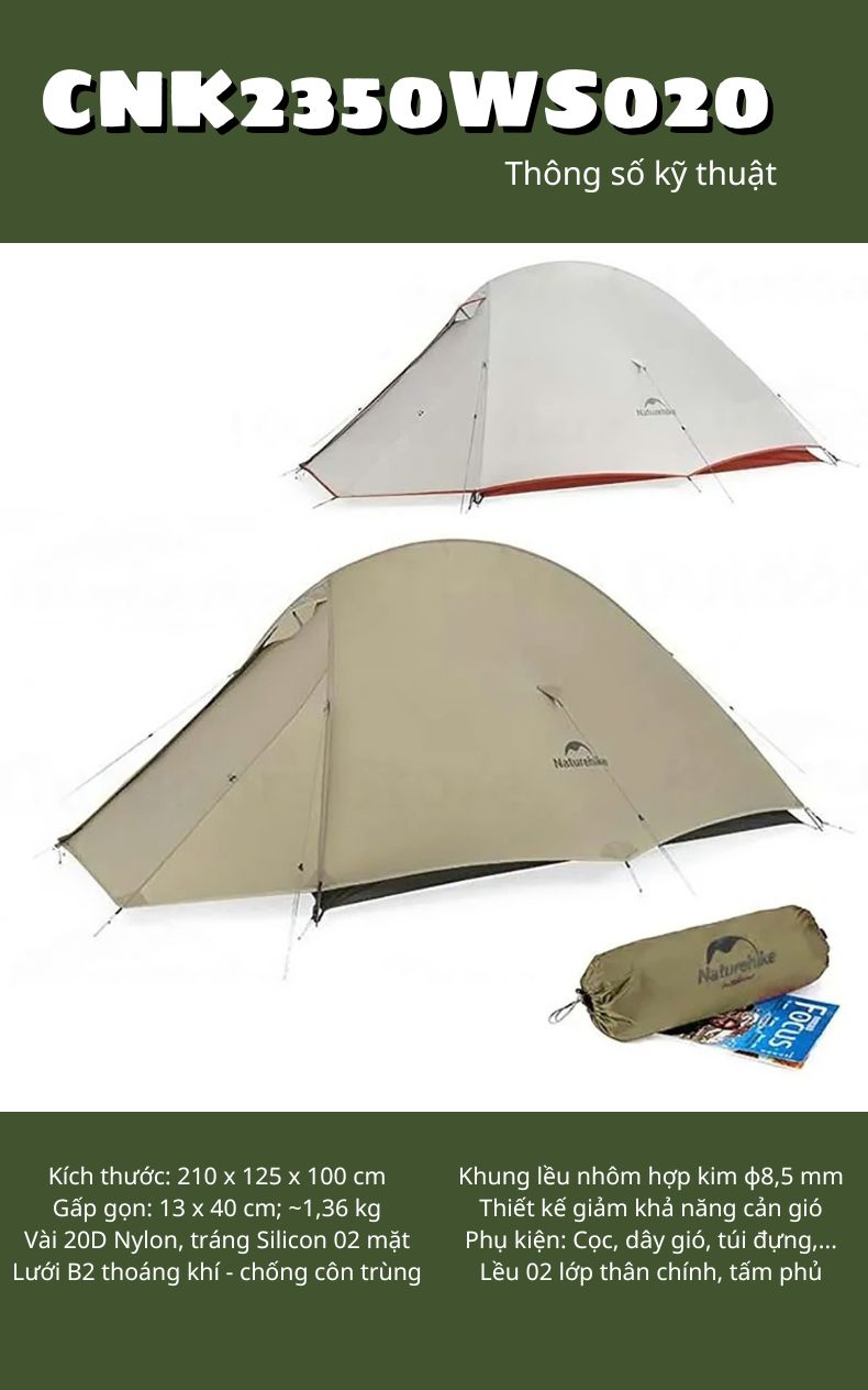 Lều siêu nhẹ Cloud Up Pro Naturehike CNK2350WS020 - Lều leo núi chuyên nghiệp