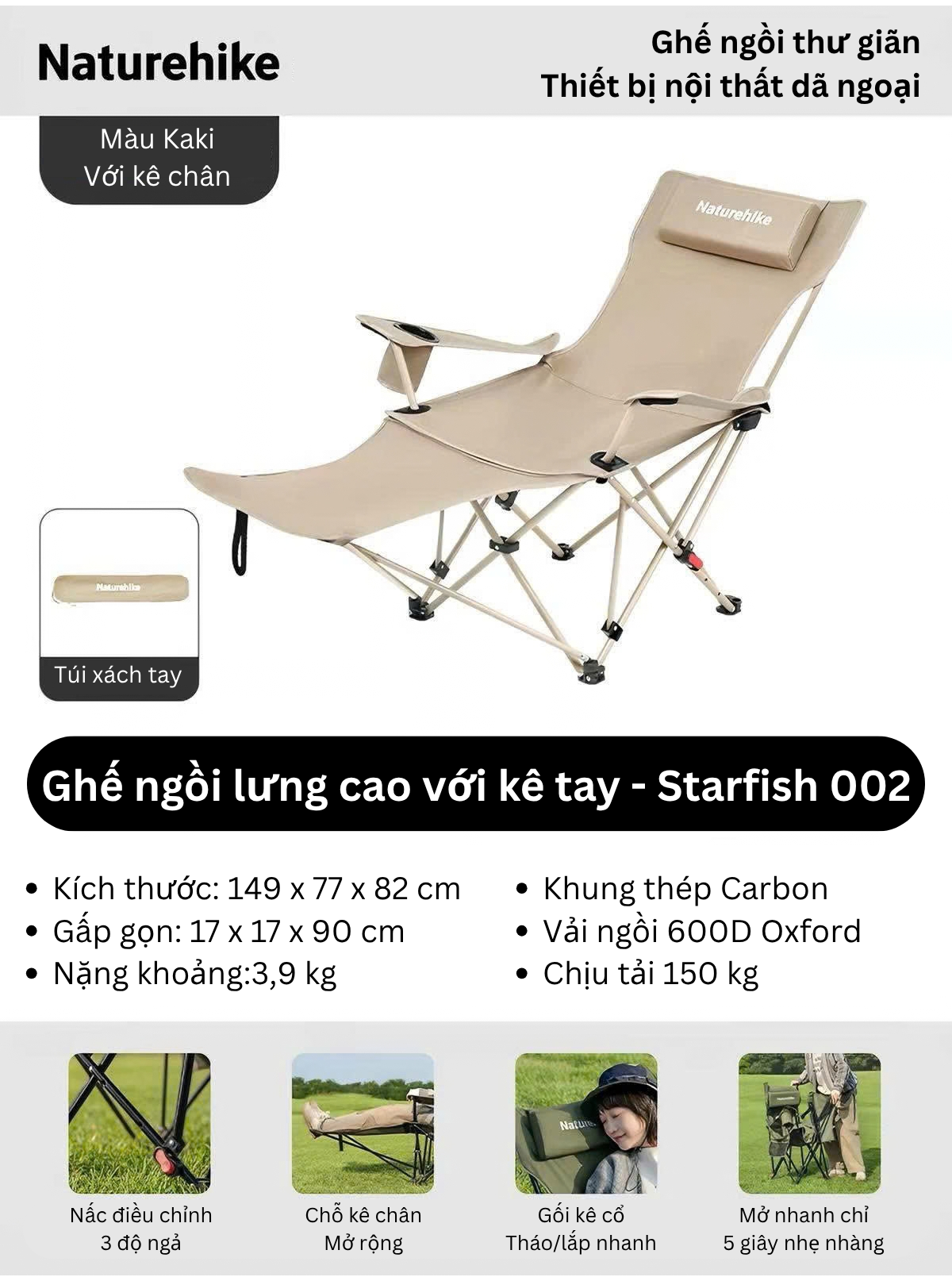 Naturehike CNK2550JJ019 ghế ngồi cắm trại với tư thế nằm thư giãn cao nhất