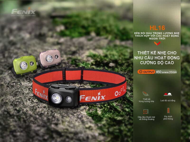 Đèn pin đội đầu chạy bộ siêu nhẹ Fenix HL16
