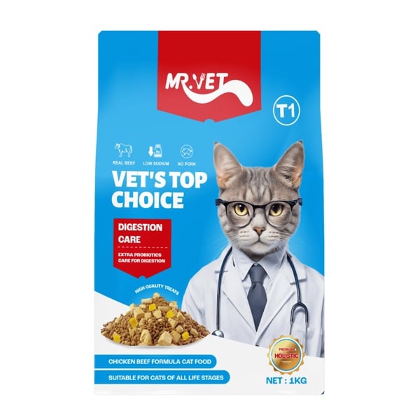 Mr.Vet T1 Digestion Care 1kg - Hạt kèm thịt sấy hỗ trợ tiêu hóa cho mèo vị gà và bò