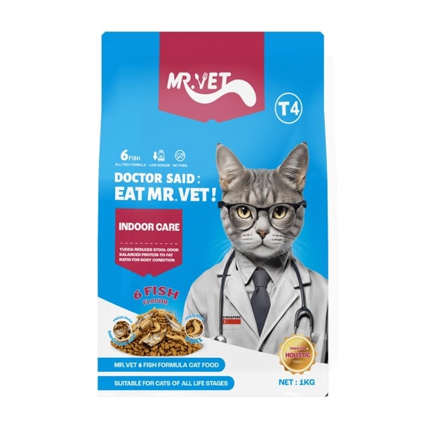 Mr.Vet T4 Indoor Care 1kg - Hạt kèm thịt sấy cho mèo lười vận động vị cá biển