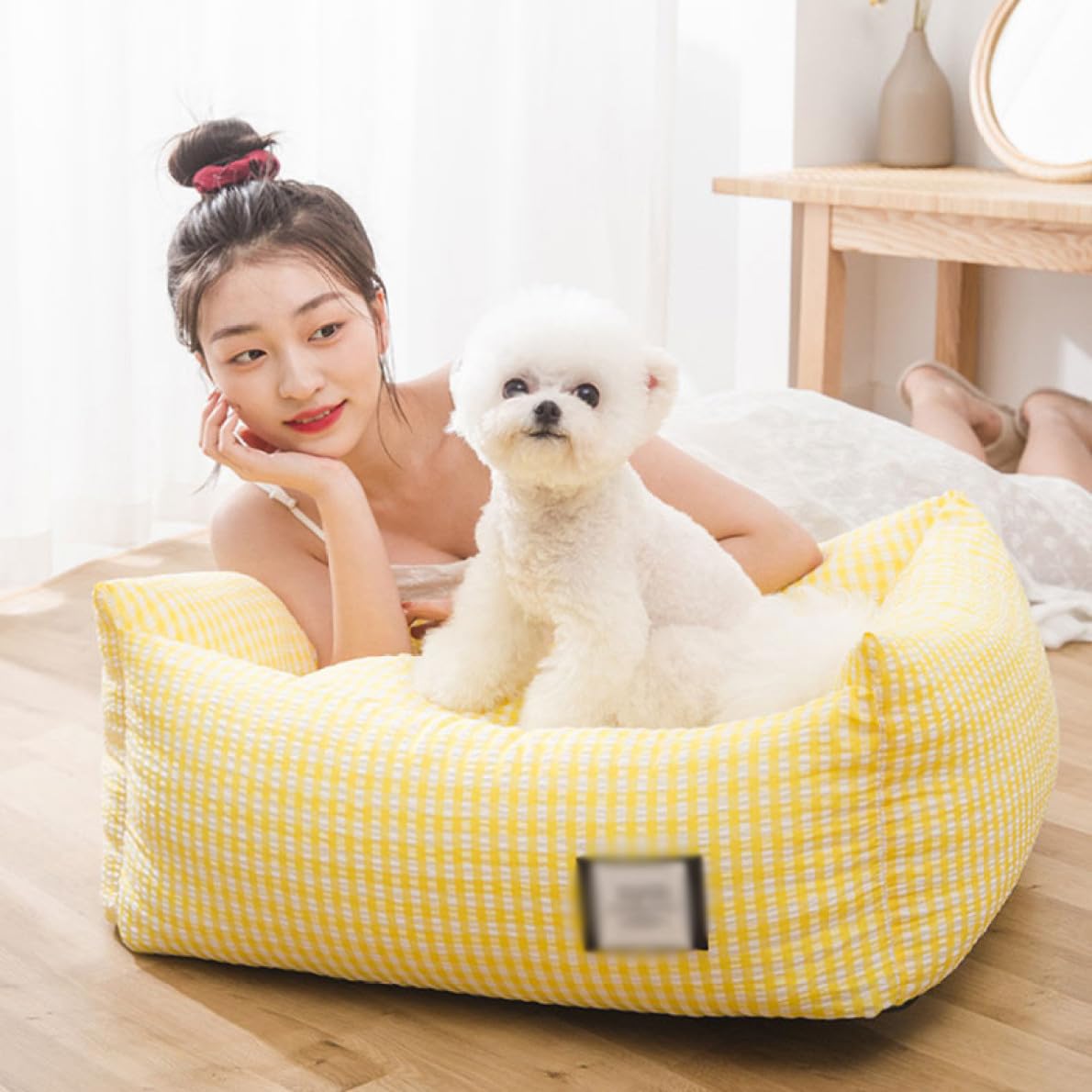 Nệm vuông sofa giường Vải cotton sọc caro, Size M (<5kg) cho Chó, Mèo có thể tháo giặt