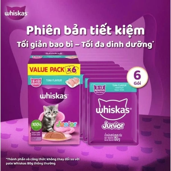 HỘP 6 GÓI TIẾT KIỆM WHISKAS VALUE PACK 80GX6 Hộp Pate Cho Mèo