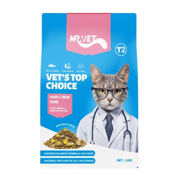 Mr.Vet T2 Hair & Skin Care 1kg - Hạt kèm thịt sấy đẹp da lông cho mèo vị gà & cá hồi