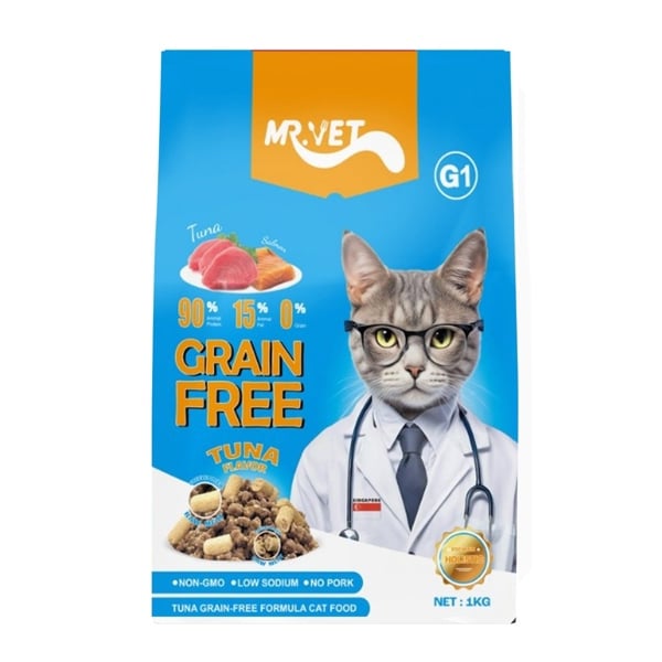 Mr.Vet G1 Grain-Free 1kg - Hạt kèm thịt sấy không chứa ngũ cốc cho mèo vị cá ngừ