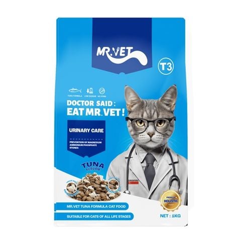 Mr.Vet T3 Urinary Care 1kg - Hạt kèm thịt sấy chăm sóc tiết niệu cho mèo vị cá ngừ