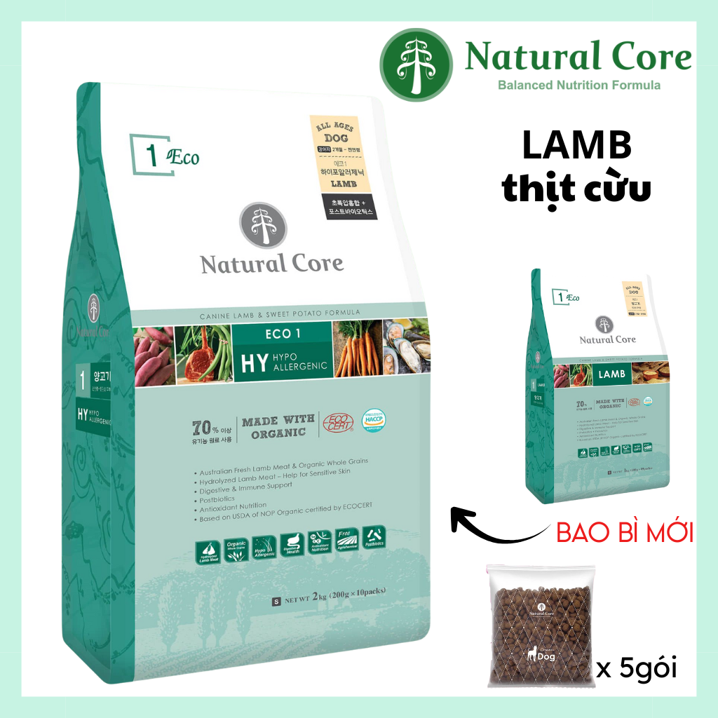 Hạt khô hữu cơ cho chó Natural Core Thịt Cừu 1kg ECO1 Hypoallergenic dành cho chó có da lông và tiêu hóa mẫn cảm, dị ứng