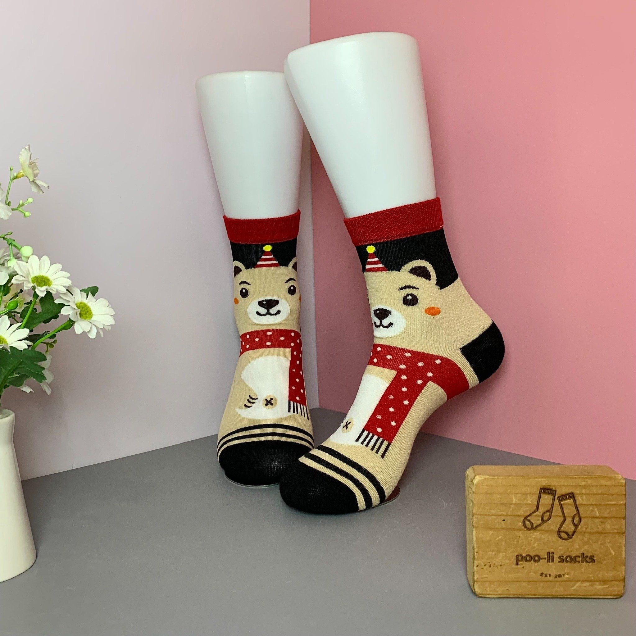 Vớ ngắn họa tiết giáng sinh gấu quấn khăn