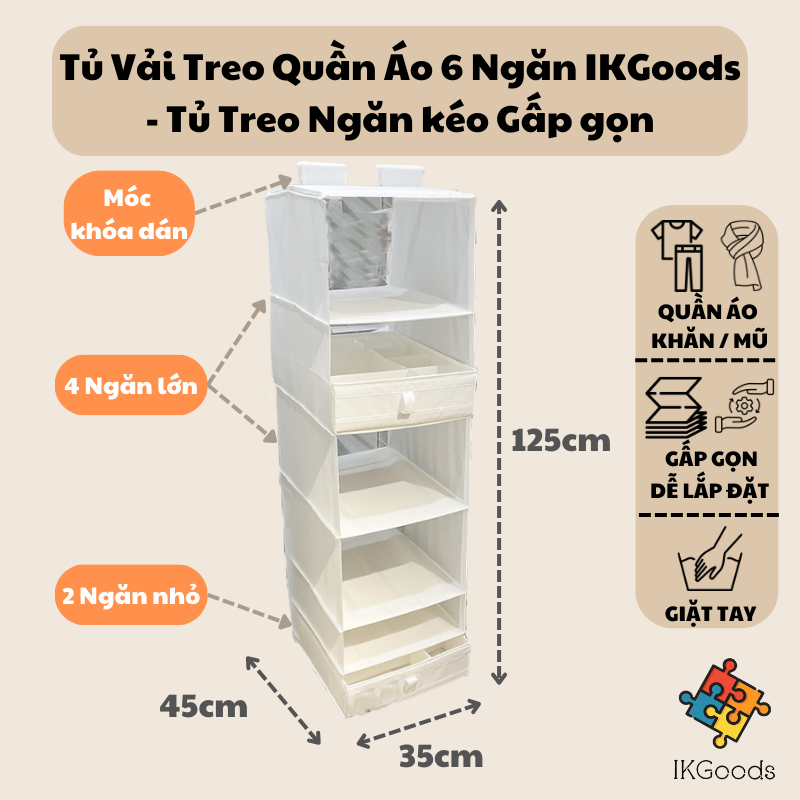 TỦ VẢI TREO QUẦN ÁO 6 NGĂN IKGoods - Trắng