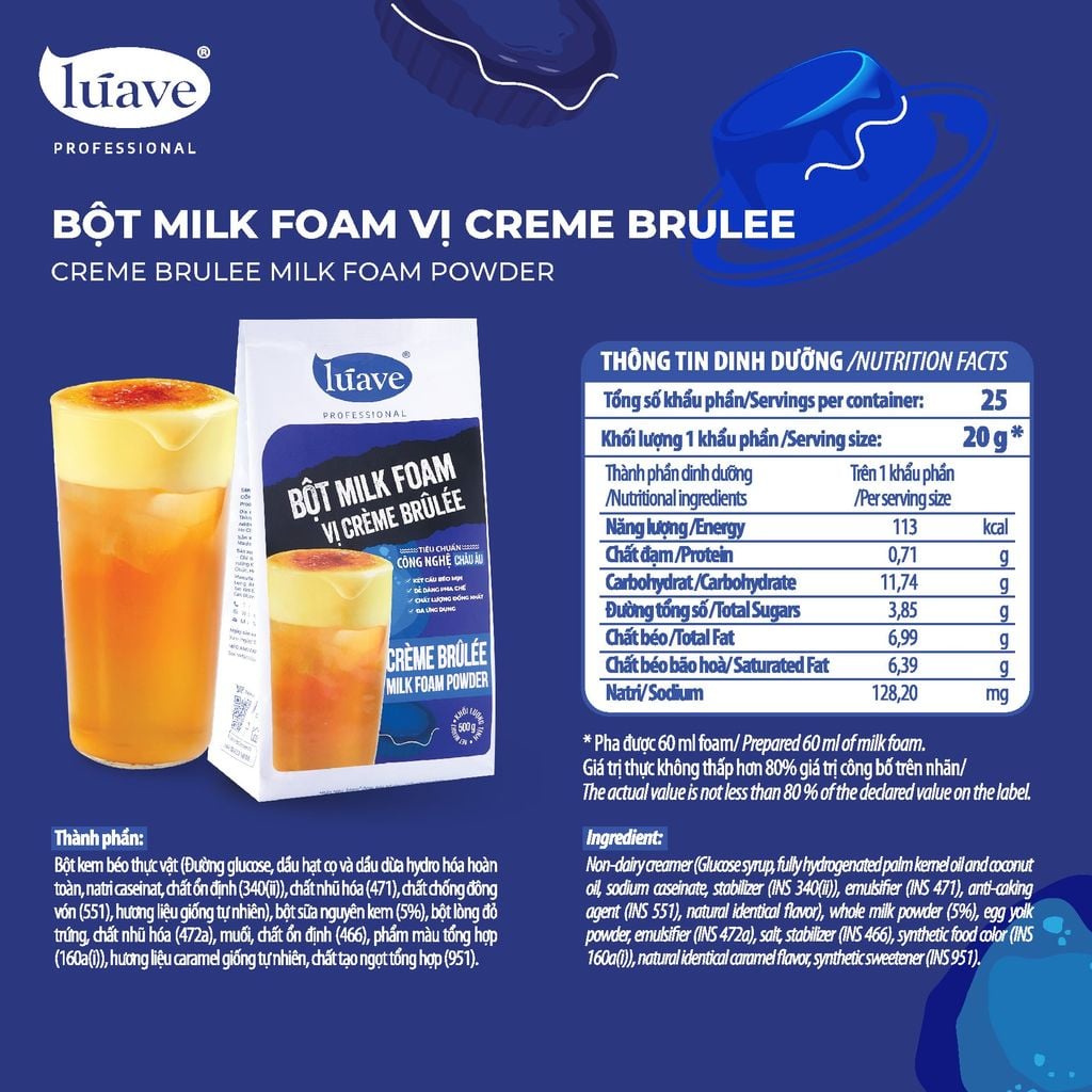 Bột Milk Foam Creme Brulee Lúave Professional - Vị kem trứng caramel chuẩn Pháp