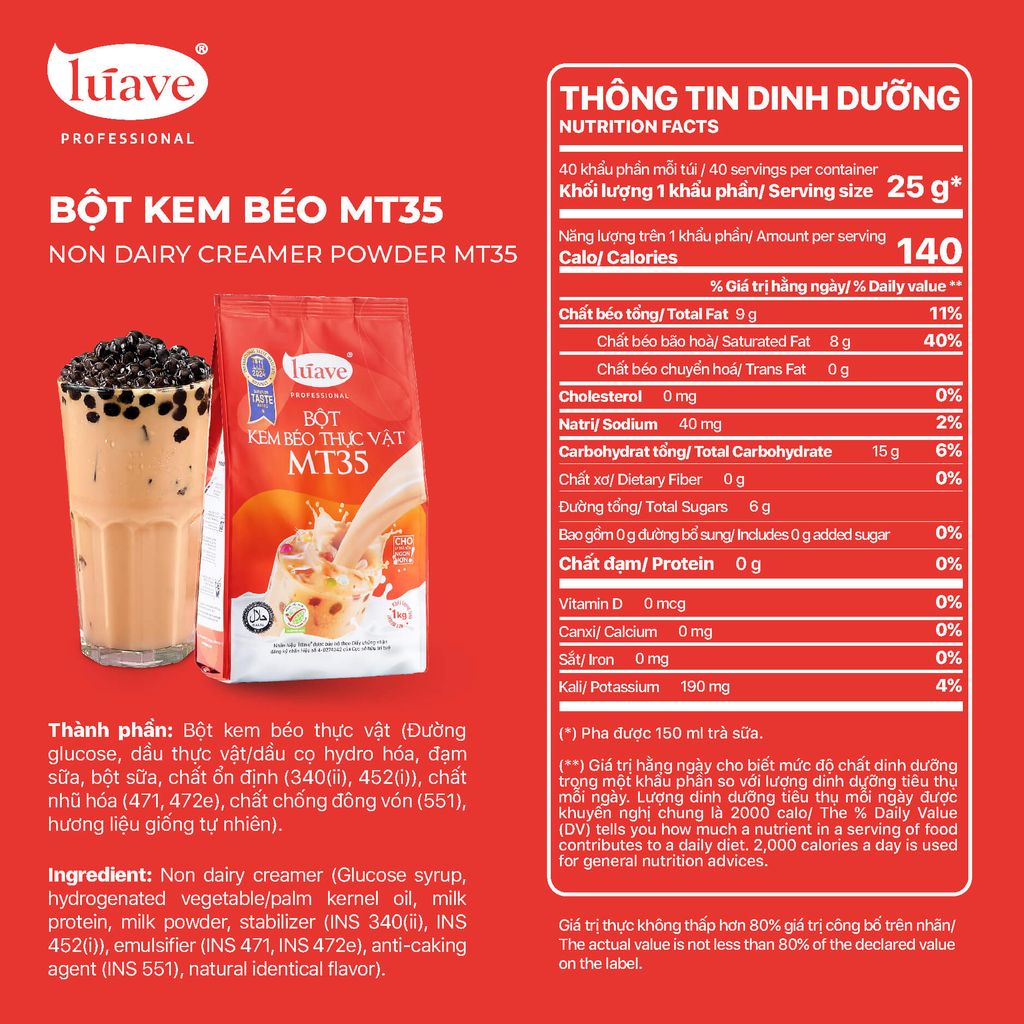 Bột Kem Béo Thực Vật MT35 Lúave - Bột pha trà sữa, tôn vị trà, béo vị sữa, kết hợp được nhiều loại trà