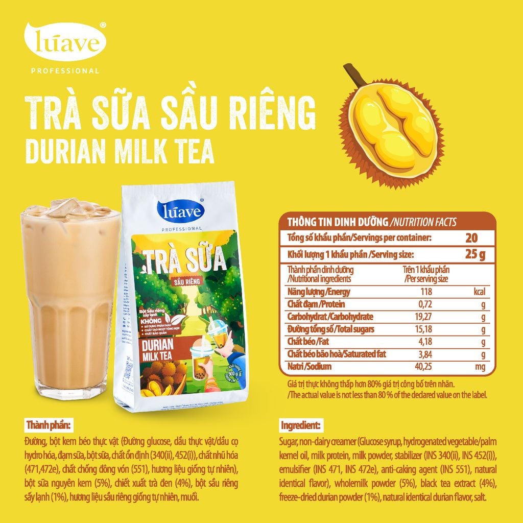 Trà sữa hòa tan Lúave - Vị sầu riêng 500gr (Pha được 2,4 lít trà sữa, chiết xuất từ lá trà tươi, không chất bảo quản,...)