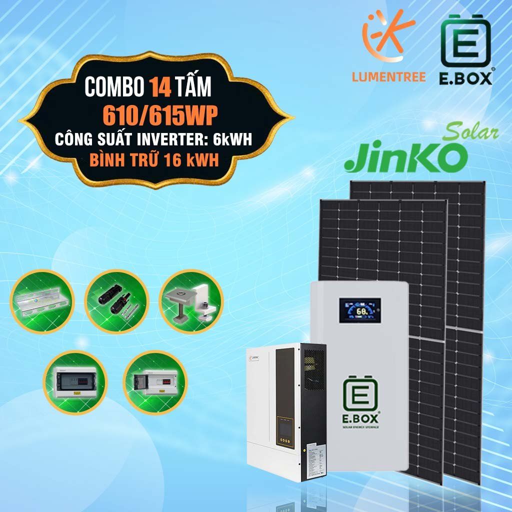  [4 triệu - 5 triệu TIỀN ĐIỆN] 14 tấm pin Jinko 610/615Wp + Inverter Lumentree 6kW bản H + Bình trữ điện Ebox 