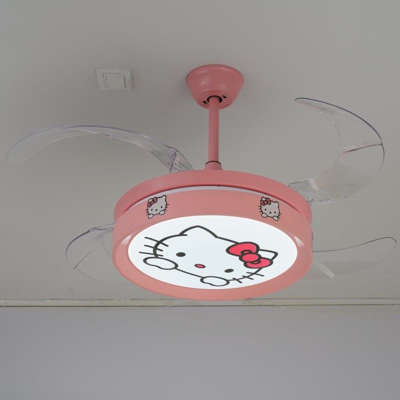 Quạt trần đèn thiết kế 4 cánh màu hồng họa tiết dễ thương cho bé QT-84
