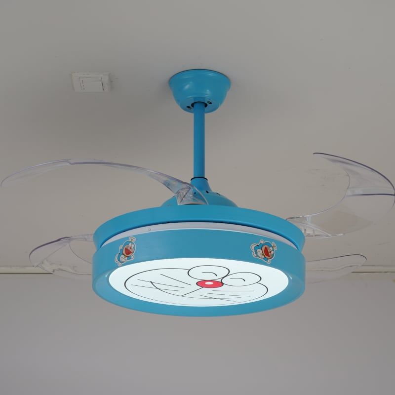 Quạt trần đèn thiết kế 4 cánh màu xanh họa tiết dễ thương cho bé QT-83